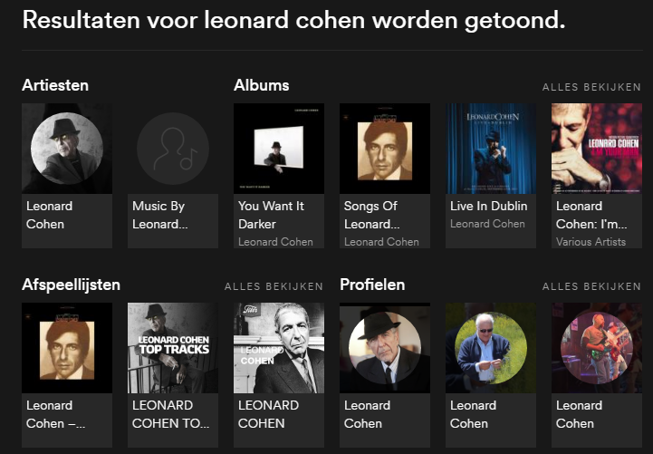 Resultaten Leonard Cohen op Spotify